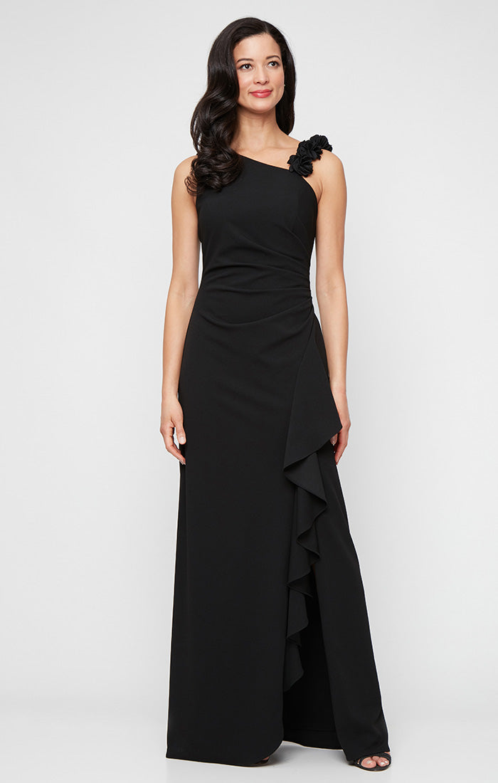 Long Stretch Crepe Dress with Flower Strap Detail and Cascade Skirt