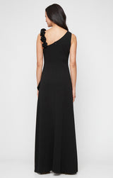 Long Stretch Crepe Dress with Flower Strap Detail and Cascade Skirt