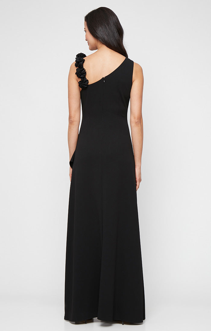 Long Stretch Crepe Dress with Flower Strap Detail and Cascade Skirt