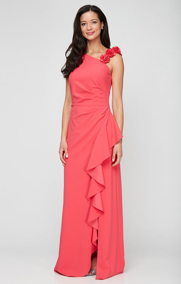 Long Stretch Crepe Dress with Flower Strap Detail and Cascade Skirt