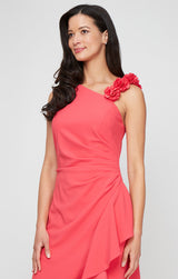 Long Stretch Crepe Dress with Flower Strap Detail and Cascade Skirt