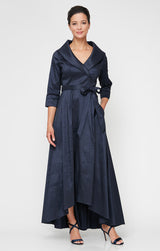 Portrait Collar Stretch Taffeta Dress with High Low Hem and Tie Belt