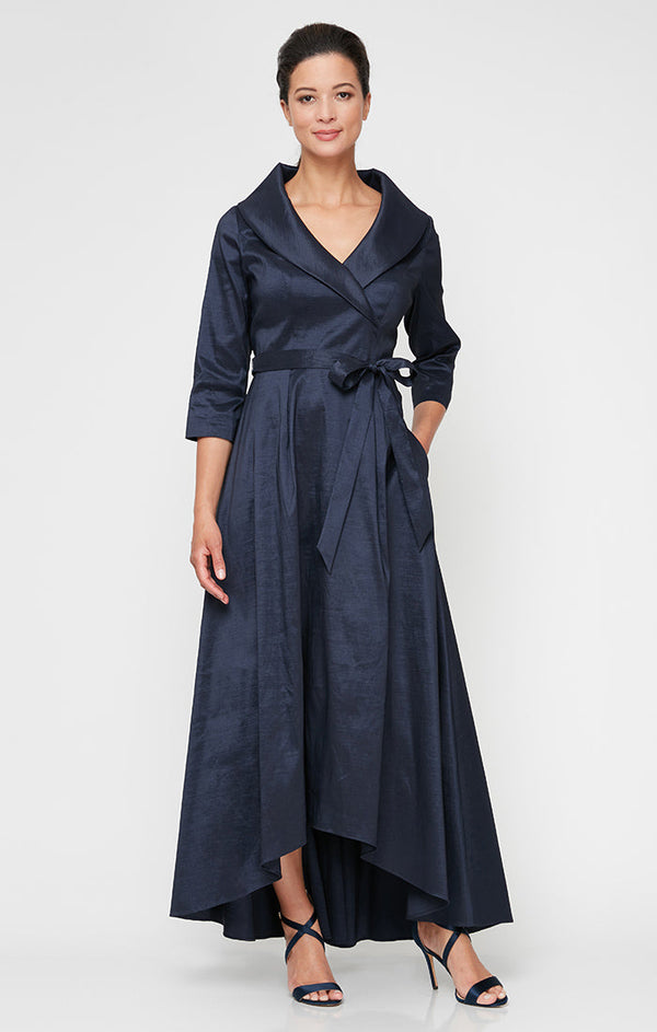 Portrait Collar Stretch Taffeta Dress with High Low Hem and Tie Belt