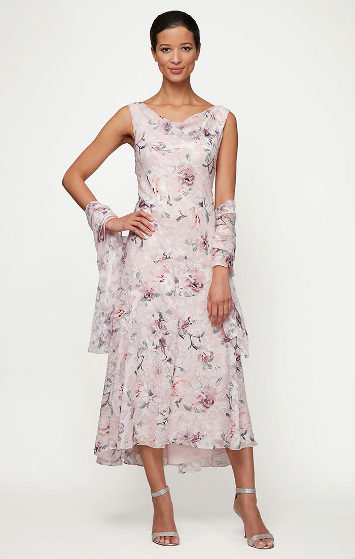 Petite Tea-Length Cowl Neck Printed Dress with High/Low Skirt and Shawl