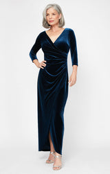 Long Surplice Neckline Velvet Dress with Tulip Overlay Hem Skirt and 3/4 Sleeves