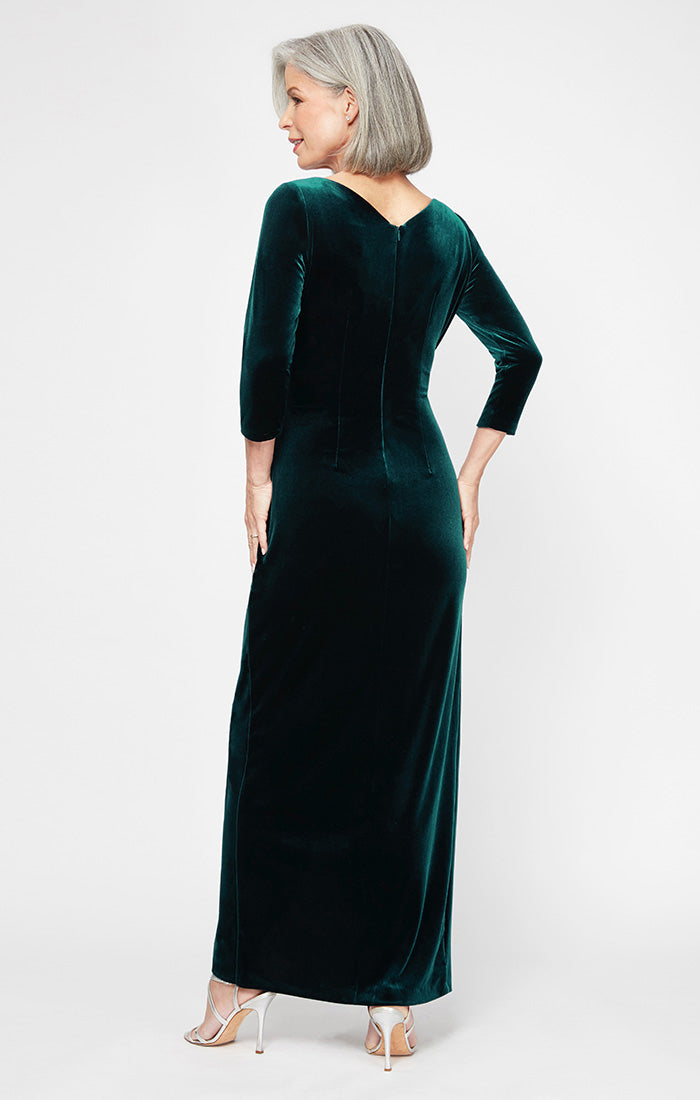 Long Surplice Neckline Velvet Dress with Tulip Overlay Hem Skirt and 3/4 Sleeves