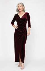 Long Surplice Neckline Velvet Dress with Tulip Overlay Hem Skirt and 3/4 Sleeves