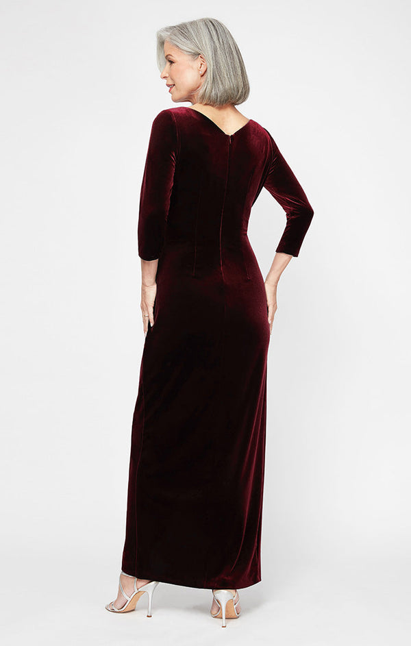 Long Surplice Neckline Velvet Dress with Tulip Overlay Hem Skirt and 3/4 Sleeves
