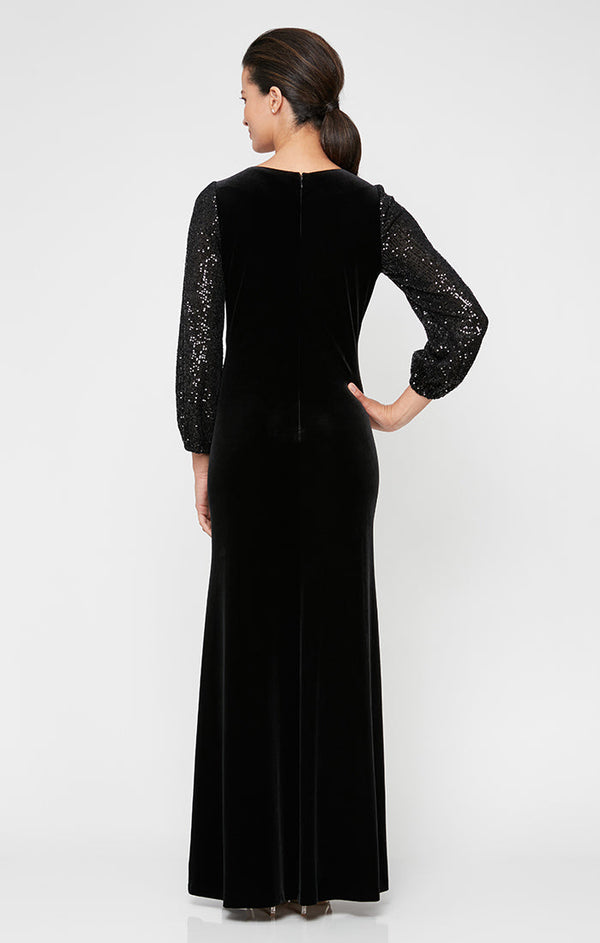 Long Fit and Flare Dress With Long Sequin Bubble Hem Sleeves