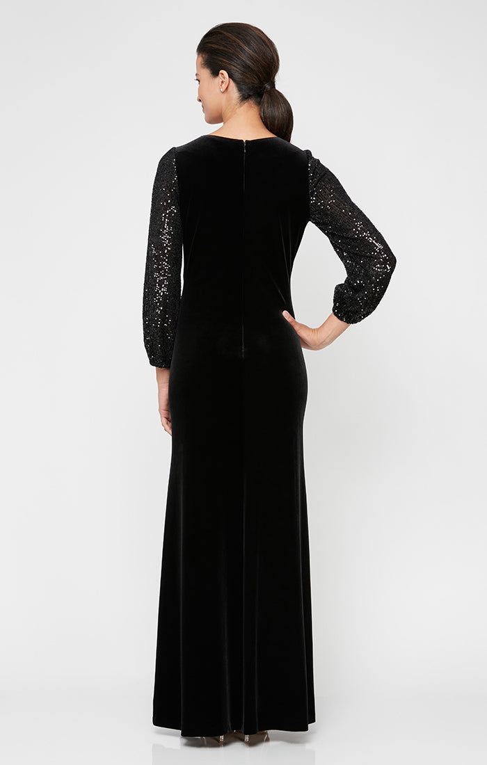 Long Fit and Flare Dress With Long Sequin Bubble Hem Sleeves