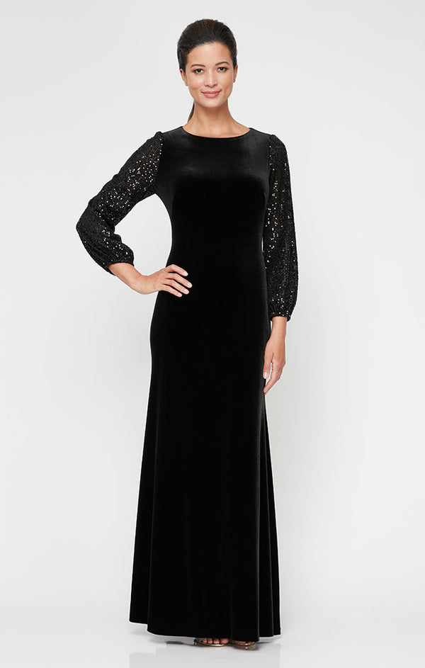 Long Fit and Flare Dress With Long Sequin Bubble Hem Sleeves