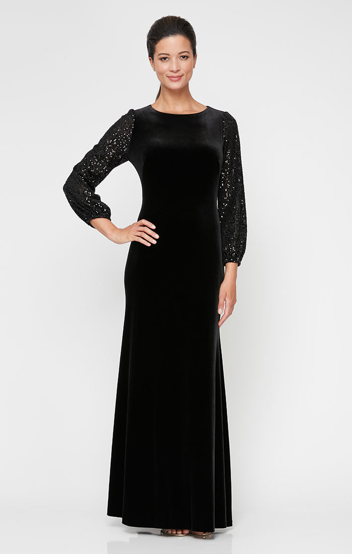 Long Fit and Flare Dress With Long Sequin Bubble Hem Sleeves