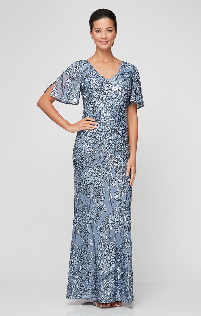 V-Neck Sequin Dress with Cold Shoulder Flutter Sleeve