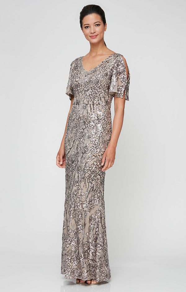 V-Neck Sequin Dress with Cold Shoulder Flutter Sleeve