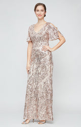 Regular - V-Neck Sequin Dress with Cold Shoulder Flutter Sleeve