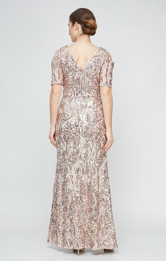 Regular - V-Neck Sequin Dress with Cold Shoulder Flutter Sleeve