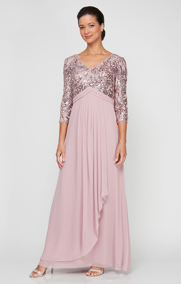 Long A-Line V-Neck Sequin Lace & Chiffon Gown with Empire Waistline