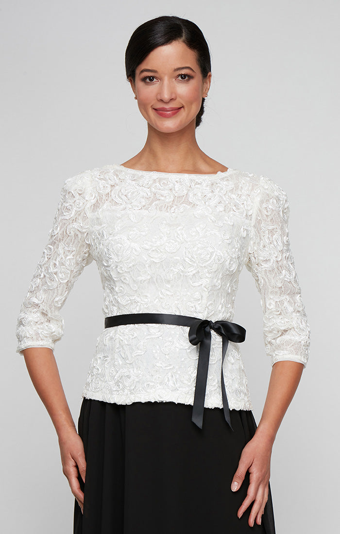 3/4 Sleeve Soutache Blouse with Puff Shoulder Sleeve Detail, Illusion Neckline & Tie Belt