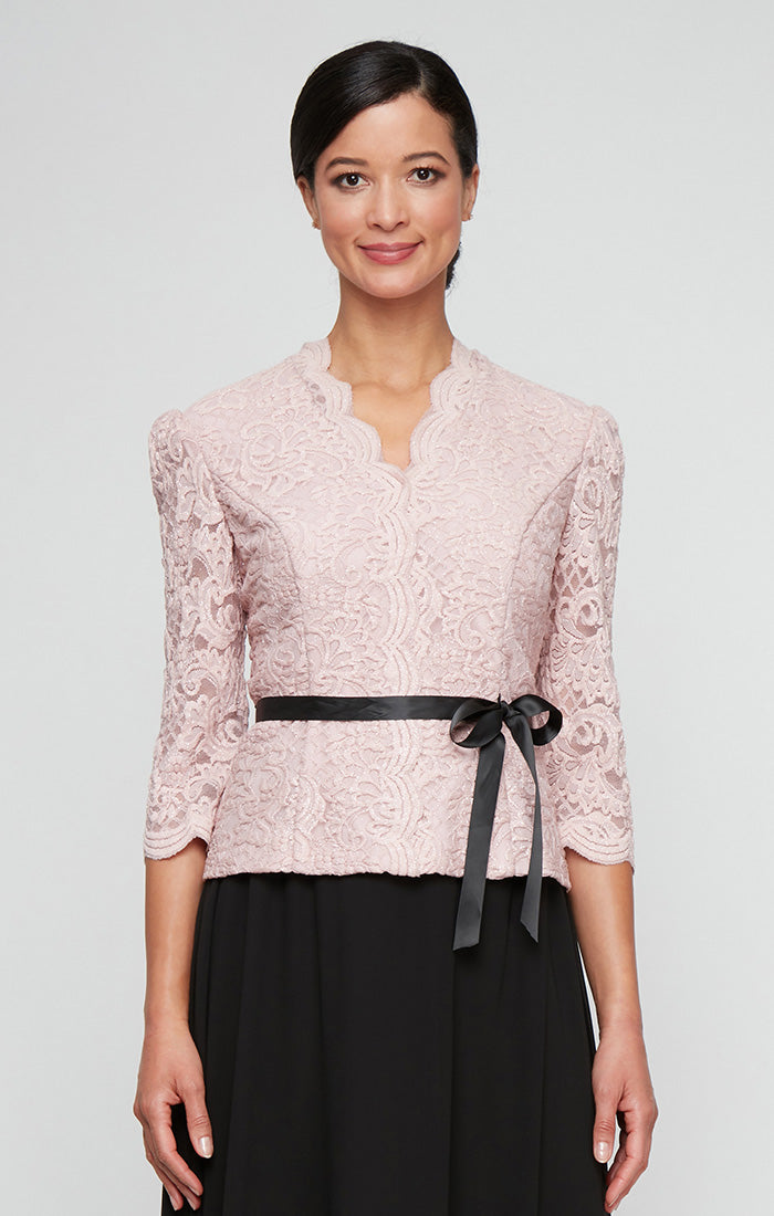 3/4 Sleeve Blouse with Scallop Front Detail and Tie Belt