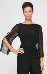3/4 Sleeve Blouse with Beaded Detail at Hip and Illusion Sleeves