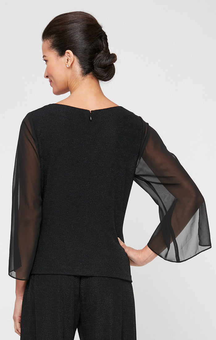 3/4 Sleeve Blouse with Beaded Detail at Hip and Illusion Sleeves