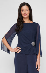 3/4 Sleeve Blouse with Beaded Detail at Hip and Illusion Sleeves