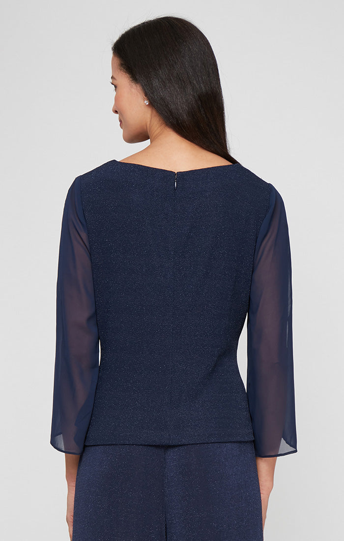 3/4 Sleeve Blouse with Beaded Detail at Hip and Illusion Sleeves