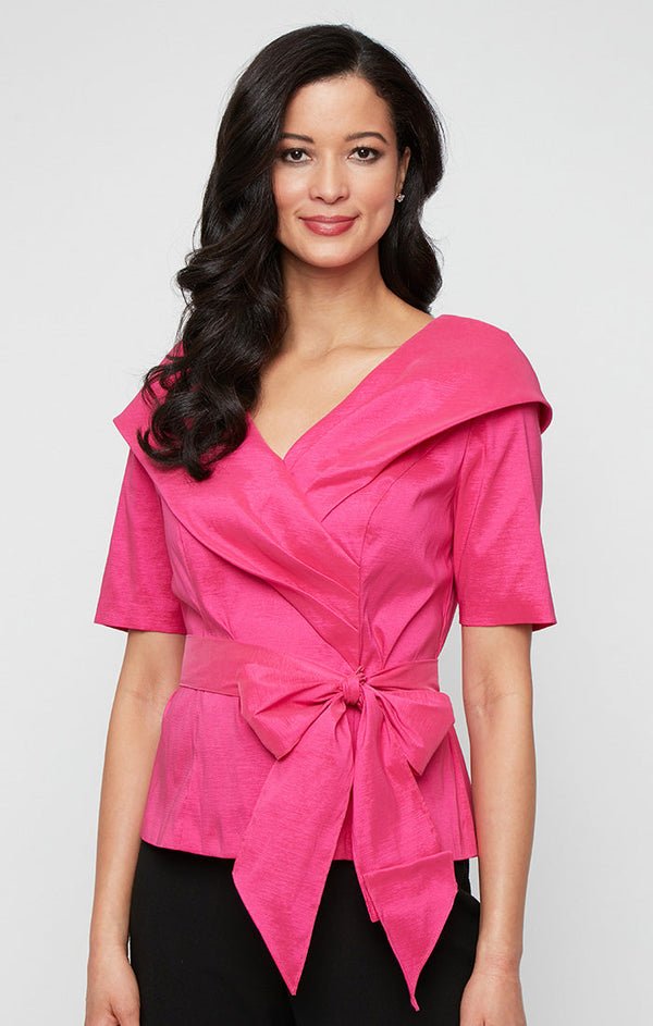 Elbow Sleeve Stretch Taffeta Blouse with Collar and Tie Waist