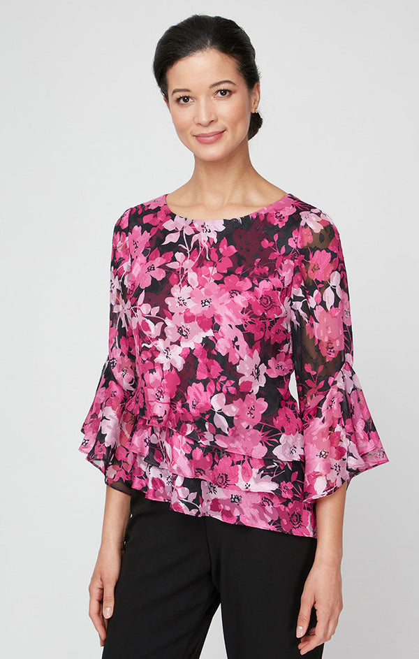 Floral Chiffon Blouse with Asymmetric Triple Tier Hem & Bell Sleeves