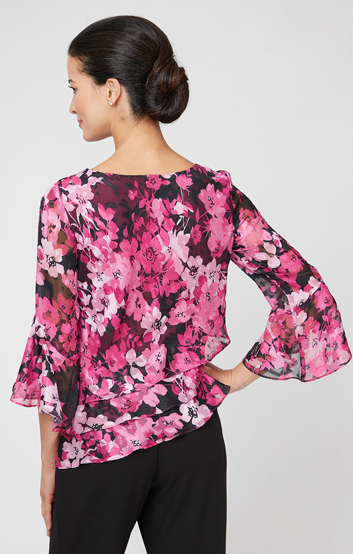 Floral Chiffon Blouse with Asymmetric Triple Tier Hem & Bell Sleeves