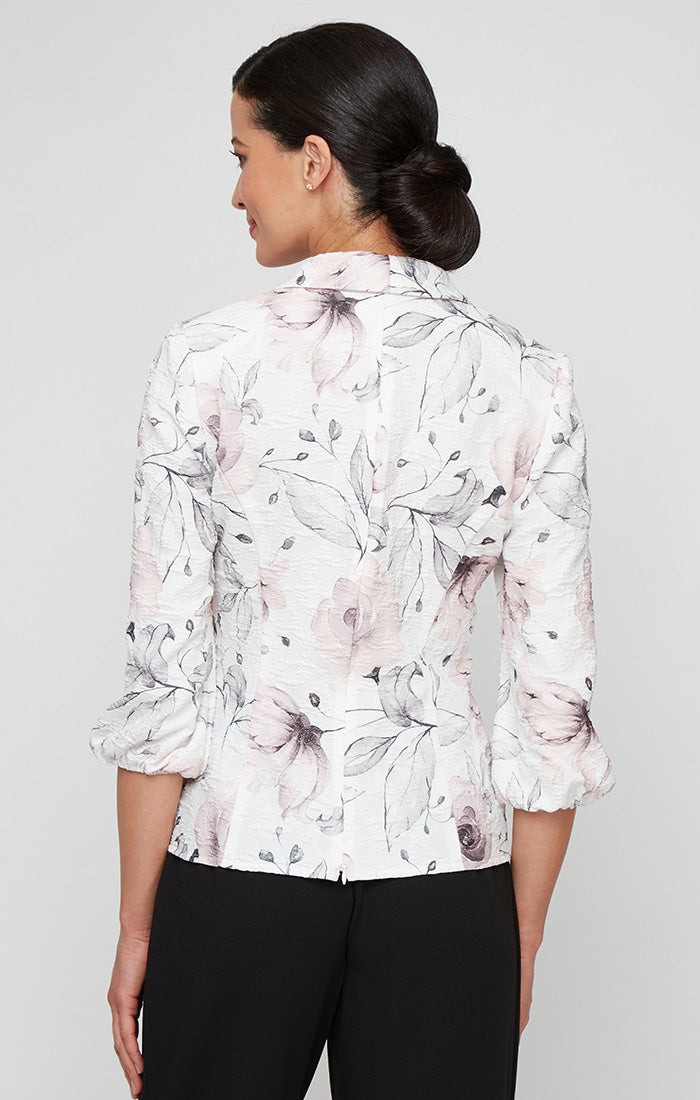 Plus - Printed Jacquard Knit Side Closure Blouse with Bubble Hem Sleeves