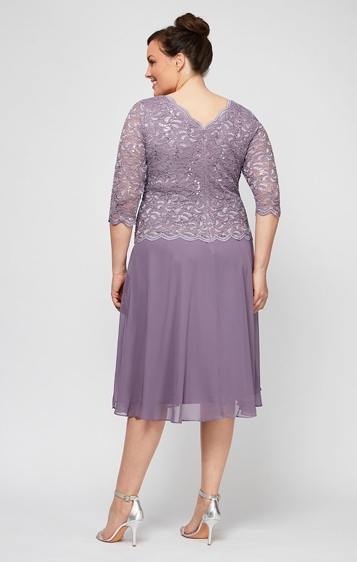 Plus Tea-Length Dress with Sequin Lace Bodice & Chiffon Skirt