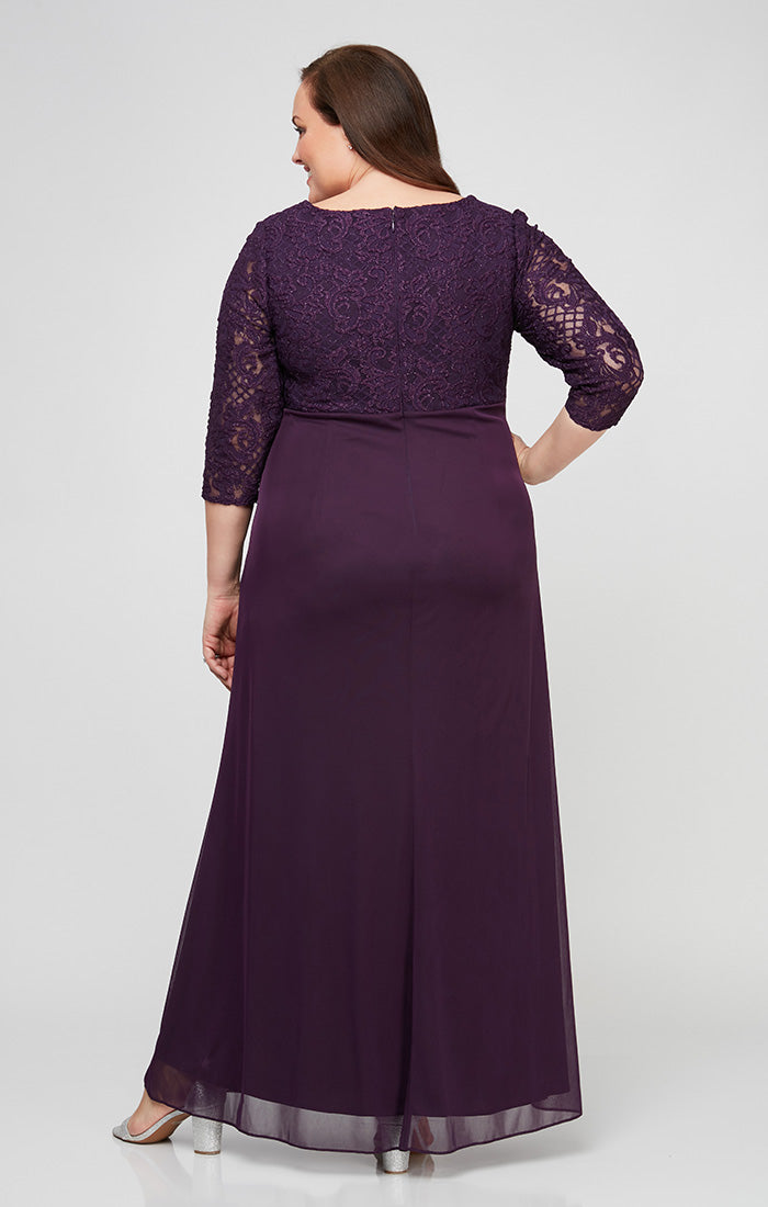 Plus Long A-Line Empire Waist Lace & Mesh Dress with Surplice Neckline, Beaded Ruched Detail Cascade Skirt & Illusion Sleeves