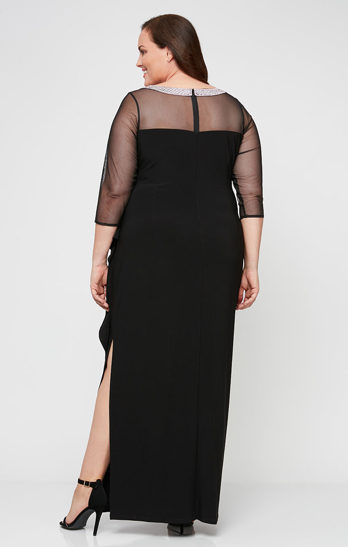 Plus Matte Jersey Illusion 3/4 Sleeve Side Ruched Dress with Embellished Neckline