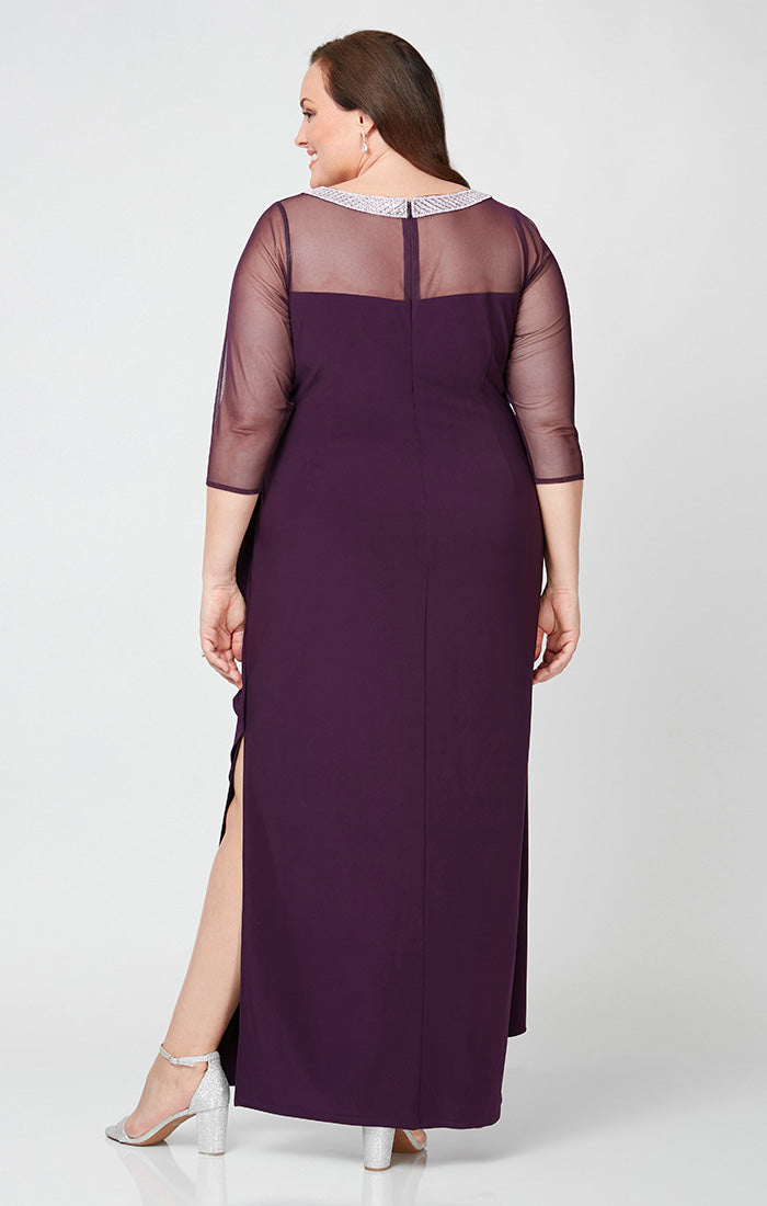 Plus Matte Jersey Illusion 3/4 Sleeve Side Ruched Dress with Embellished Neckline