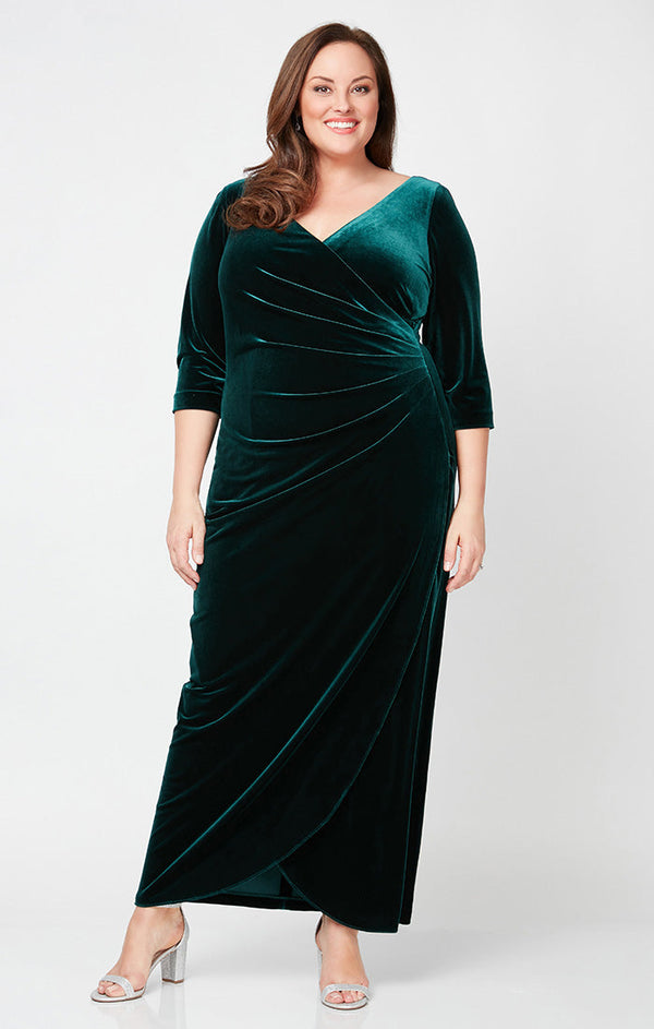 Plus Long Surplice Neckline Velvet Dress with Tulip Overlay Hem Skirt and 3/4 Sleeves