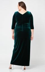 Plus Long Surplice Neckline Velvet Dress with Tulip Overlay Hem Skirt and 3/4 Sleeves