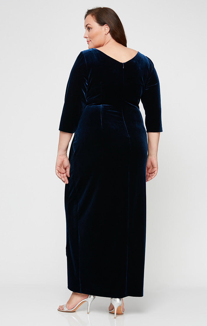 Plus Long Surplice Neckline Velvet Dress with Tulip Overlay Hem Skirt and 3/4 Sleeves