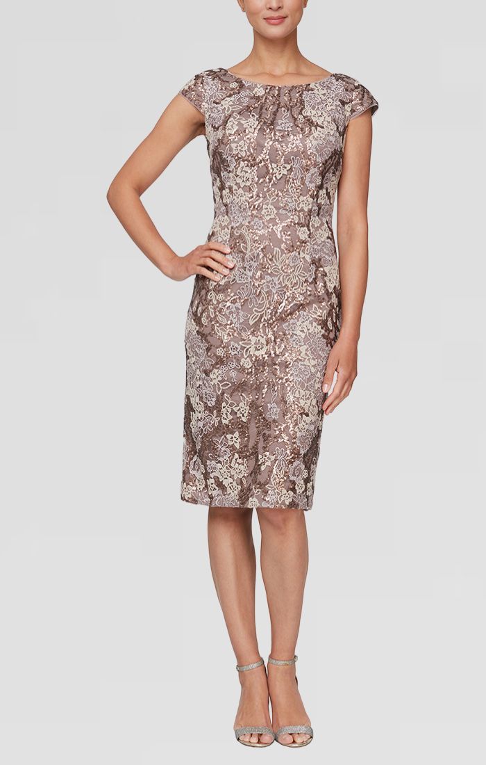 Short Embroidered Sheath Dress With Cap Sleeves and Sequin Detail