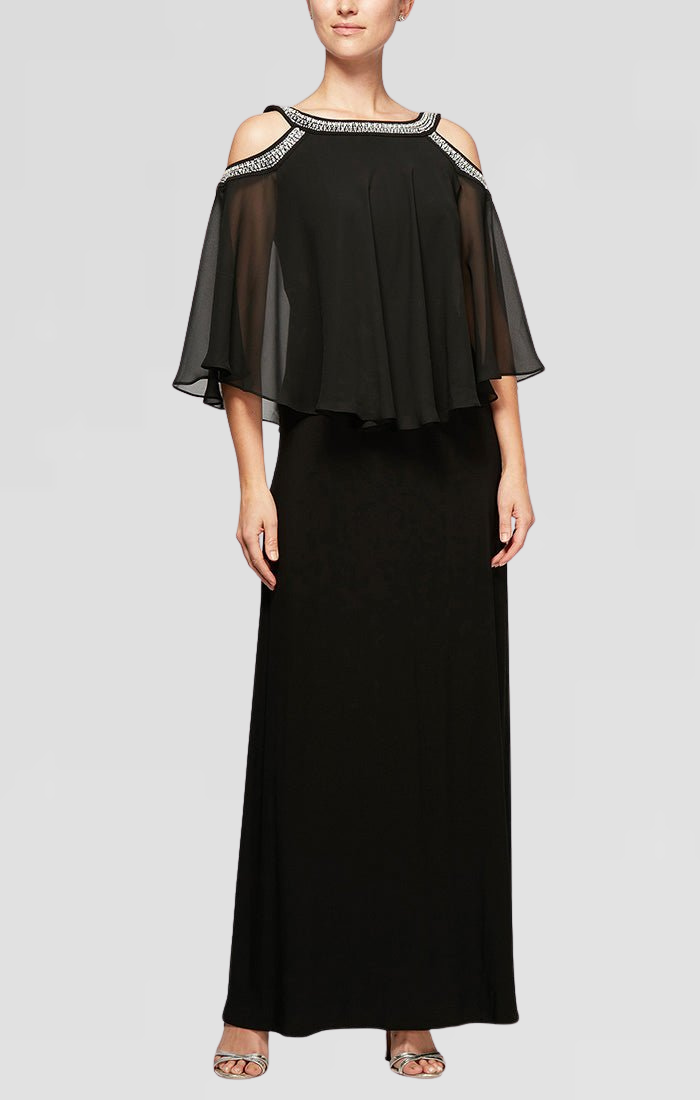 Cold Shoulder Popover Jersey & Chiffon Gown with Beaded Neckline