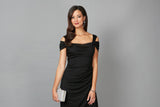 Cold Shoulder Mesh Gown with Cowl Neckline & Overlay Skirt