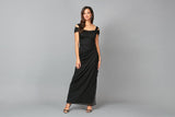 Cold Shoulder Mesh Gown with Cowl Neckline & Overlay Skirt