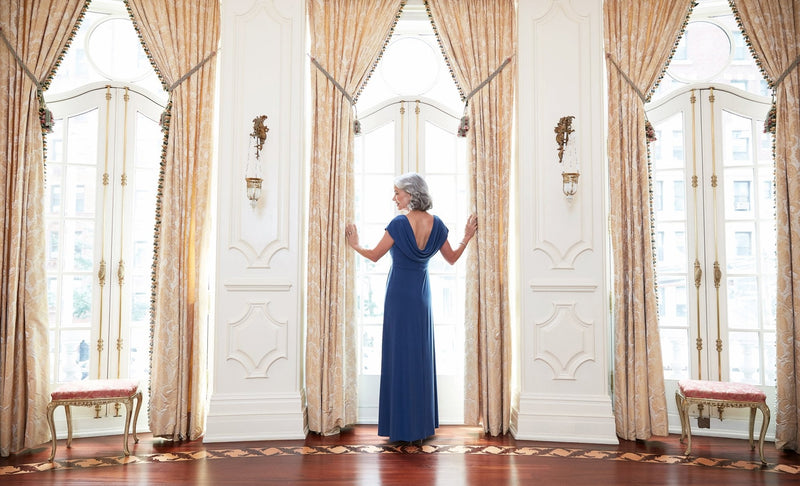 Cowl Neck A-Line Matte Jersey Dress with Pleated Bodice Detail, Cowl Back, and Embellishment Detail at Waist