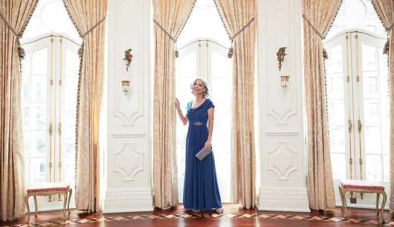 Cowl Neck A-Line Matte Jersey Dress with Pleated Bodice Detail, Cowl Back, and Embellishment Detail at Waist