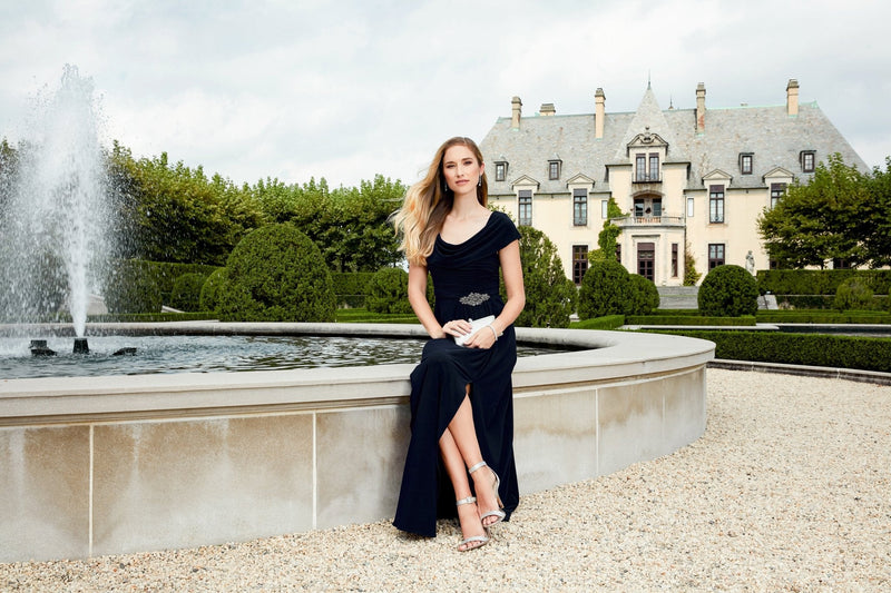 Cowl Neck A-Line Matte Jersey Dress with Pleated Bodice Detail, Cowl Back, and Embellishment Detail at Waist