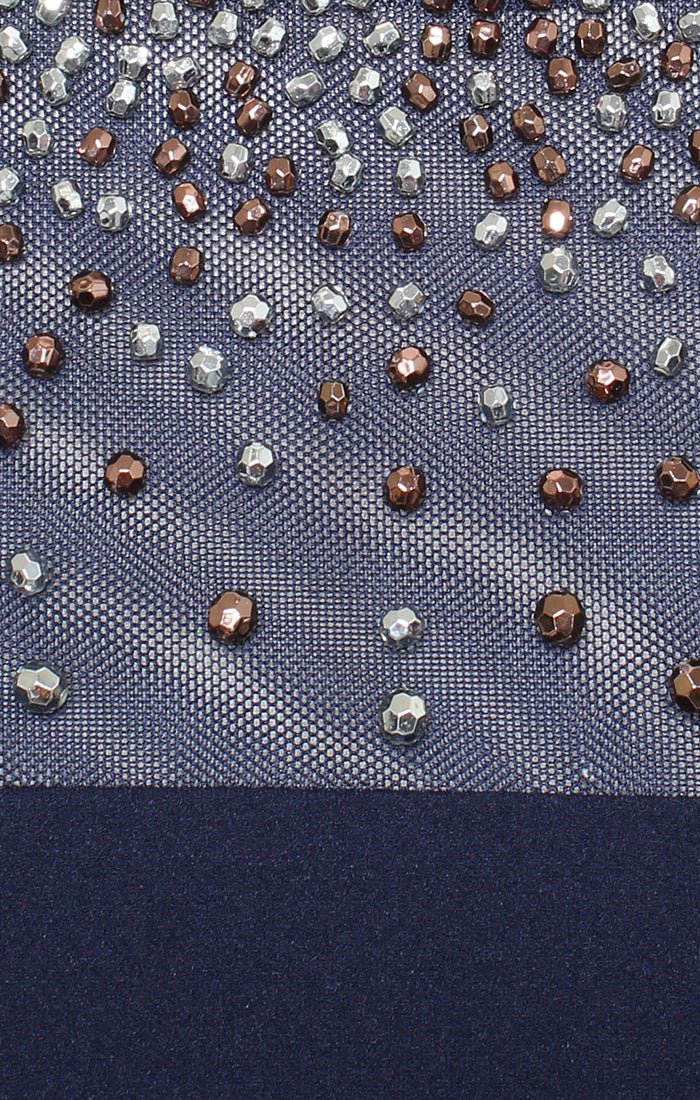 Long Column Stretch Crepe Gown with Heat Set Illusion Neckline & Bell Sleeves