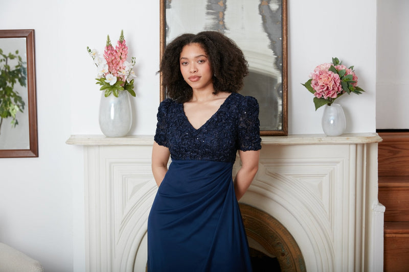 Long Empire Waist Dress with Soutache Bodice, Puff Sleeve Detail and Cascade Ruffle Skirt