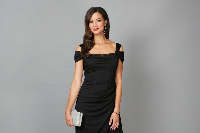 Petite Cold Shoulder Mesh Gown with Cowl Neckline & Overlay Skirt
