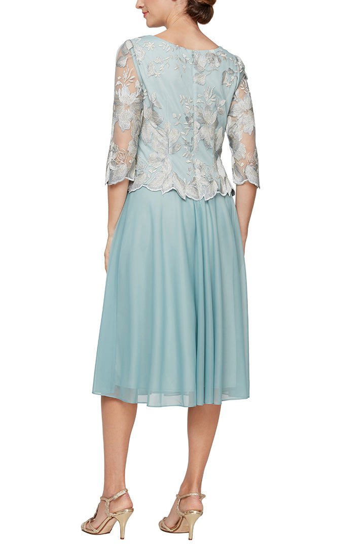 Petite Embroidered Tulle Dress with Illusion Sleeves & Scallop Trim