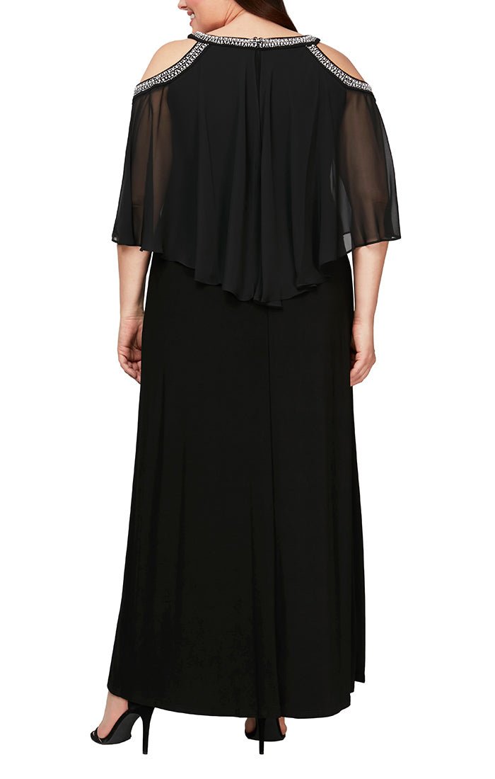 Plus Cold Shoulder Popover Jersey & Chiffon Gown with Beaded Neckline